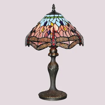 Lampička Searchlight Stolní lampa DRAGONFLY, starožitná mosaz/barva, výška 46 cm, Tiffany starožitná mosaz, modrá, jantarová 1 x 60 W - Doprava zdarma