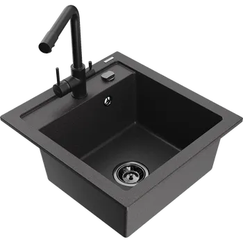 Granitový dřez Mexen Vito granitový dřez s 1 komorou a kuchyňskou baterií Duero, černý skvrnitý - 6503-76-671600-70-B Granitové dřezy s baterií