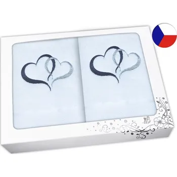 Ručník Dárková sada BÍLÁ ručník + osuška s výšivkou Srdce antracit/stříbrná