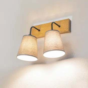 Lampička Envostar Risco nástěnné svítidlo 2 světla s látkovým stínidlem šedá - Ø stínidla 15 cm šedá, světlé dřevo, černá 2 x 60 W - Doprava zdarma