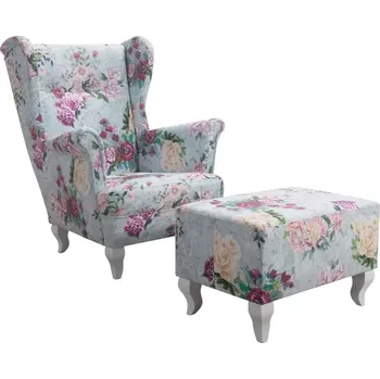 Křeslo křeslo ušák Royal s taburetem, modrá+květy ( růže 3995/102+bílé)