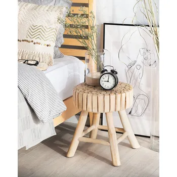 Noční stolek Noční stolek světle hnědý dřevěný teak 40 x 35 x 35 cm ve venkovském stylu přírodní kulatá multifunkční venkovská stabilní ložnice Beliani