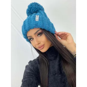 Čepice Dámská pletená modrá čepice s bambulí MISS, VELIKOST UNI