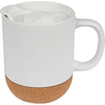 Bílý hrnek BEN 400 ml s korkovým dnem a plastovým víčkem sublimace termotransfer