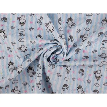 Šusťákovina zpevněná mačkaný / krešovaný efekt 3D jednorožec METRÁŽ - 2 modrá světlá