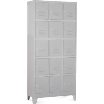 Šatní skříň Kovová šatní skříňka - 15 boxů, 90 x 40 x 195 cm, pevné nohy, cylindrický zámek, světle šedá - ral 7035