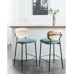 Sada 2 barových židlí modré polyesterové čalounění přírodní ratanový vídeňský výplet opěradlo černé kovové nohy stoličky bez područek Beliani