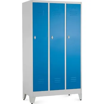 Šatní skříň Kovová šatní skříňka - 3 oddíly, 90 x 50 x 161,5 cm, nastavitelné nožky, otočný zámek, modrá - ral 5012