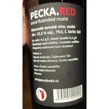 Pecka. RED, moravské zemské víno, Vinařství Svoboda, suché