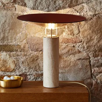 Lampička Carpyen LED stolní lampa Rebound, travertin, kůže hnědá - podstavec - průměr 9 cm, výška 30 cm travertin, kůže hnědá, mosaz 1 x 9 W LED - Doprava zdarma