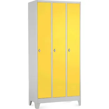 Šatní skříň Kovová šatní skříňka - 3 oddíly, 90 x 50 x 190 cm, pevné nohy, otočný zámek, žlutá - ral 1023