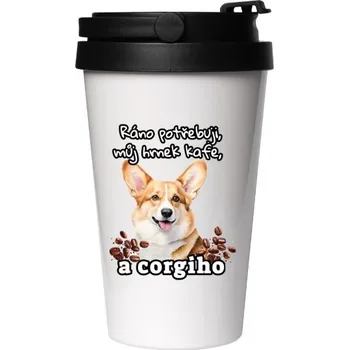 Cestovní nerezový hrnek s potiskem Kafe s corgim