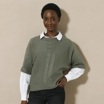 Dámský svetr Pulovr s rukávy k loktům a copánkovým vzorem khaki 46/48