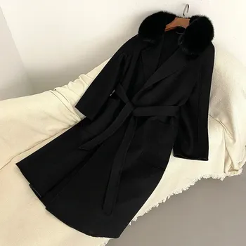 Dámský kabát Vlněný dlouhý kabát s pravým kožíškem liška Barva: Černá, Velikost: S