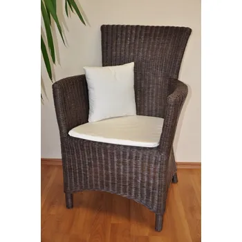 Ratanové křeslo vyplétané s područkami tmavé + bílý polstr - Ratanové křeslo vyplétané s područkami tmavé + bílý polstr (šhv= 63x56x94 cm) - barva konstrukce viz foto