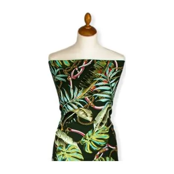 Metráž - Len/Ba šatovka PALMY+PÁSKY KHAKI 2412A - Zelená, 140 cm