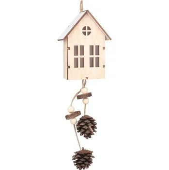 Vánoce Dřevěný domek s šiškami na zavěšení 7 x 30 x 4 cm