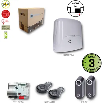 Pohon brány SUN KIT pro posuvnou bránu do 400 kg, 1x SUN4224 (24 V, 250 W, 13 Nm), 1x CT-10224 s vestavěným přijímačem, 2x SUB-44R, 1 pár FT-32, BEZ LED světla