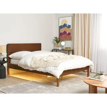 Postel Dřevěná postel LED 140 x 200 cm tmavě hnědá moderní stylový nábytek do ložnice pokoje pro hosty Beliani