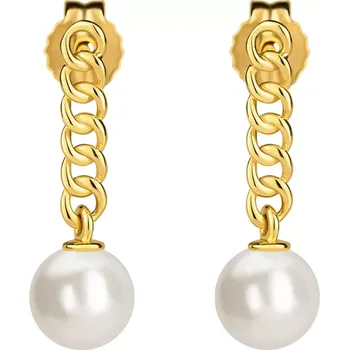 Náušnice Náušnice ze žlutého 14K zlata - řetízková očka, bílá sladkovodní perla