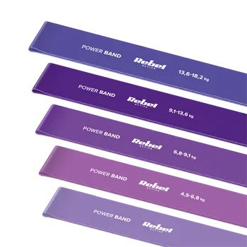 Latexová sada cvičebních pásů - Mini Band L, 2,3-18,2 kg, 5 pásů, fialová, REBEL ACTIVE