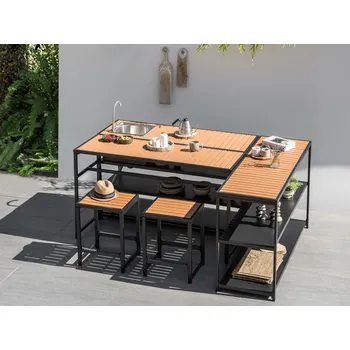 Kuchyňská linka Venkovní kuchyňský regál se dřezem černý ocel světlé dřevo 159 x 50 x 91 cm páková baterie 3 police zahrada kuchyň jídelna Beliani