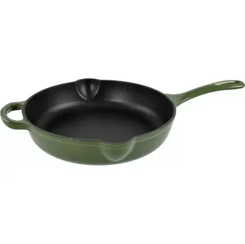 Smaltovaná litinová grilovací pánev 27 cm s výlevkami zelená (tmavozeleně smaltované litinová pánev s výlevkami, ručkou a držadlem uvnitř černá)