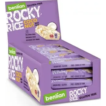Cukrovinka ROCKY RICE - extrudovaná rýžová tyčinka v bílé polevě 18 g - KOKOSOVÁ - balení 20 ks - VÝPRODEJ !!! DMT: 5/2025 !!! 1 ks = 7.50 Kč (rýžový snack s mléčnou polevou s příchutí kokosu / bez lepku / bez palmového oleje / benlian foods / DMT: 5/2025)