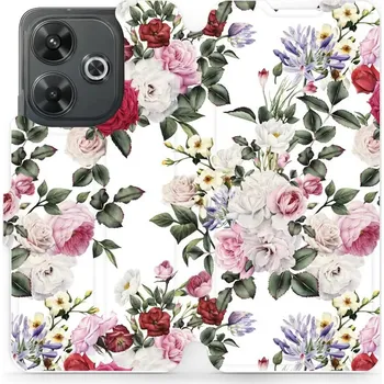 Pouzdro na mobilní telefon Flipové pouzdro Mobiwear - Xiaomi Redmi 13 - MD01S Růže na bílé (Knížkové flip pouzdro, obal, kryt na mobil Xiaomi Redmi 13 - MD01S Růže na bílé, materiál Umělá kůže + TPU - ochrana 360°, stojánek, silikonová vanička, magnetické zavírání)