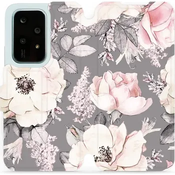 Pouzdro na mobilní telefon Flipové pouzdro Mobiwear - Honor 200 Lite - MX06S Květy na šedém pozadí (Knížkové flip pouzdro, obal, kryt na mobil Honor 200 Lite - MX06S Květy na šedém pozadí, materiál Umělá kůže + TPU - ochrana 360°, stojánek, silikonová vanička, magnetické zavírání)