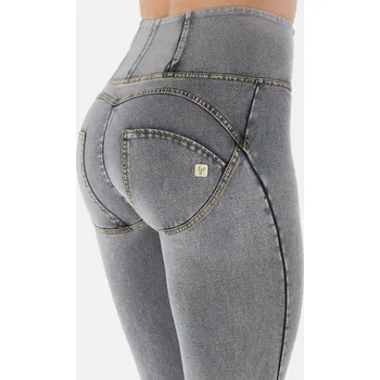 Dámské kalhoty Freddy kalhoty WR.UP džínové šedé, žluté švy, vysoký pas, superskinny střih, denim žerzej Možnosti velikostí: XXS
