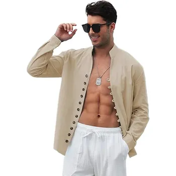 Pánská košile na léto s originálními knoflíky Barva: Khaki, Velikost: 2XL