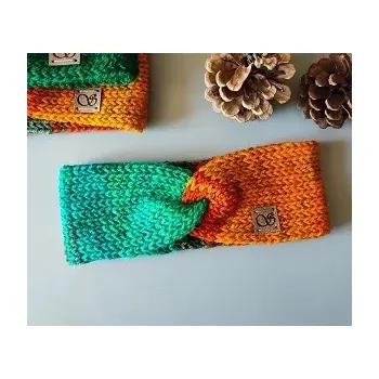 Zimní čelenka Pletená čelenka - úzká - zelená a oranžová č.2