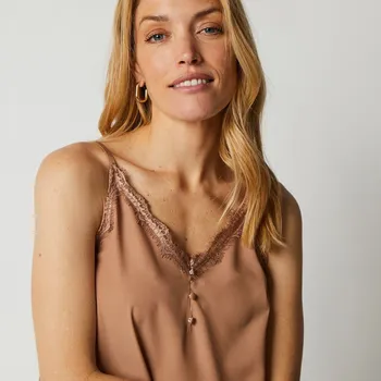 Dámské tričko Blancheporte Top s krajkou, knoflíčky ve výstřihu a nastavitelnýmiramínky karamelová 42