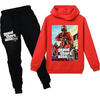 Pohodlná tepláková souprava s potiskem GTA 5 (Grand Theft Auto V) - 3 barevné varianty Barva: 19 (černé kalhoty + červená mikina), Velikost: 120 (5-6 let)