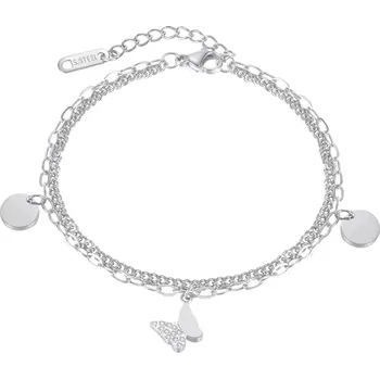 Náramek Dvojitý ocelový náramek stříbrný - motýl s kubickými zirkony, kruhy