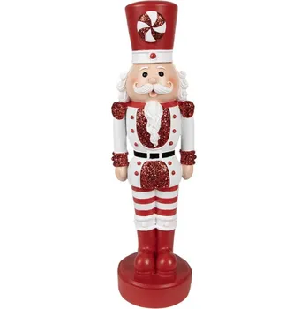 Červená vánoční dekorace soška Louskáček v uniformě se třipytkami na červeném podstavci – 37 cm