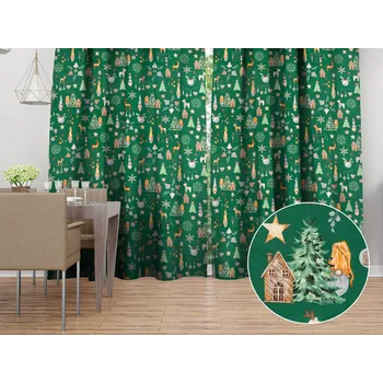 ubrus Vánoční bavlněný závěs Sandra SA-508 Vánoční skřítci a ozdoby na zeleném 150x140 cm