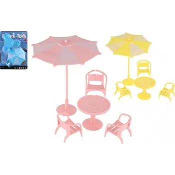 Doplněk pro panenku Nábytek pro panenky/stůl a židle se slunečníkem plast 3 barvy na kartě 18x25x5cm