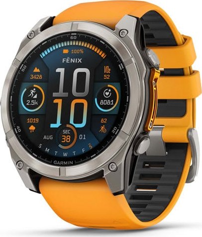 Garmin fenix 8 – 51 mm, AMOLED, Sapphire, Titanium s Orange/Graphite silikonovým řemínkem.