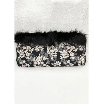 Rukávník Hřejivý rukávník na kočárek - černý s bílými květy a černou kožešinou