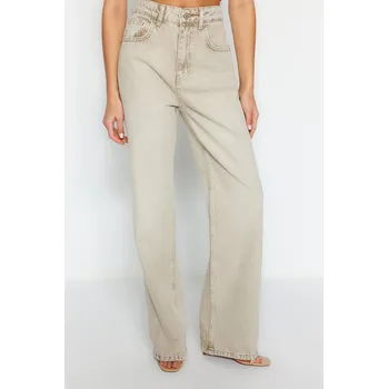 Dámské džíny Trendyol Béžové Bledý Efekt Vintage Normální Pas Široké Nohavice Džíny Trendyol šedá 2578054