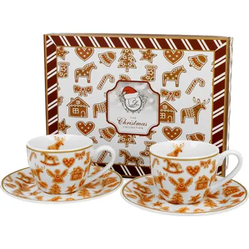 DUO Gifts DG - Vánoční porcelanové šálky s podšálkem na espresso GINGERBREAD v dárkovém balení 2 ks - 110 ml