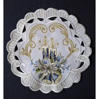 Vánoční dekorace UBRUS vyšívaný prům. 20cm vánoční modrá svíčka zvonek