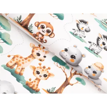 Dětská bavlněná látka/plátno Sandra SA-513 Africká zvířátka na bílém - šířka 160 cm
