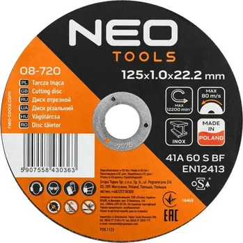 NEO TOOLS Kotouče na řezání kovů 41A 60 S BF -125 x 1 x 22,23 INOX, 25 ks