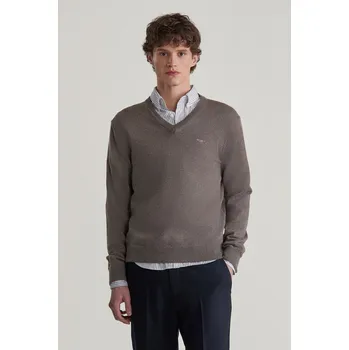Pánský svetr SVETR GANT CTN/WO V-NECK DARK HAZELNUT MELANGE