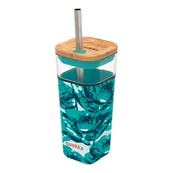 Sklenice Quokka, Skleněný pohár s brčkem Liquid Cube Flowers, 540 ml