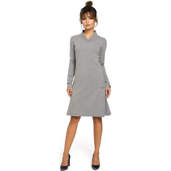 Dámské šaty Dámskí trapézové šaty s žebrovaným lemováním B044 šedé - BEwear XXL-44