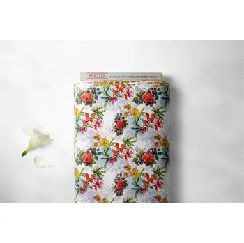 Orbytex Kočárkovina metráž šíře 160 cm, nepromokavá látka, vzor žlutočervené květy na bílé